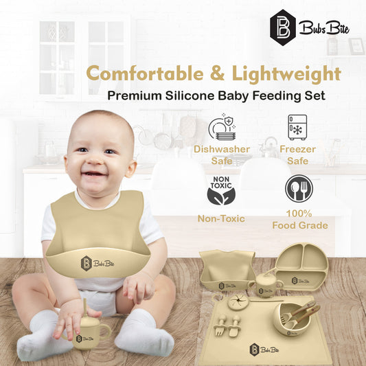 BubsBite Australia | 13 Pcs Starting Solids Silicone Baby Feeding Set | All In One Baby Feeding Essentials Kit - Beige