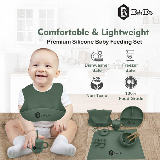 BubsBite Australia | 13 Pcs Starting Solids Silicone Baby Feeding Set | All In One Baby Feeding Essentials Kit - Sage Green