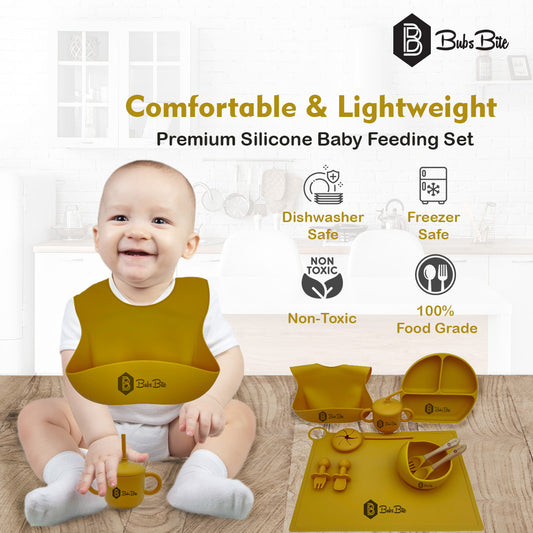 BubsBite Australia | 13 Pcs Starting Solids Silicone Baby Feeding Set | All In One Baby Feeding Essentials Kit - Mustard