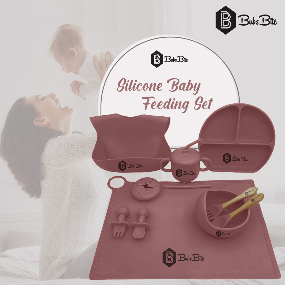 BubsBite Australia | 13 Pcs Starting Solids Silicone Baby Feeding Set | All In One Baby Feeding Essentials Kit - Rose Pink