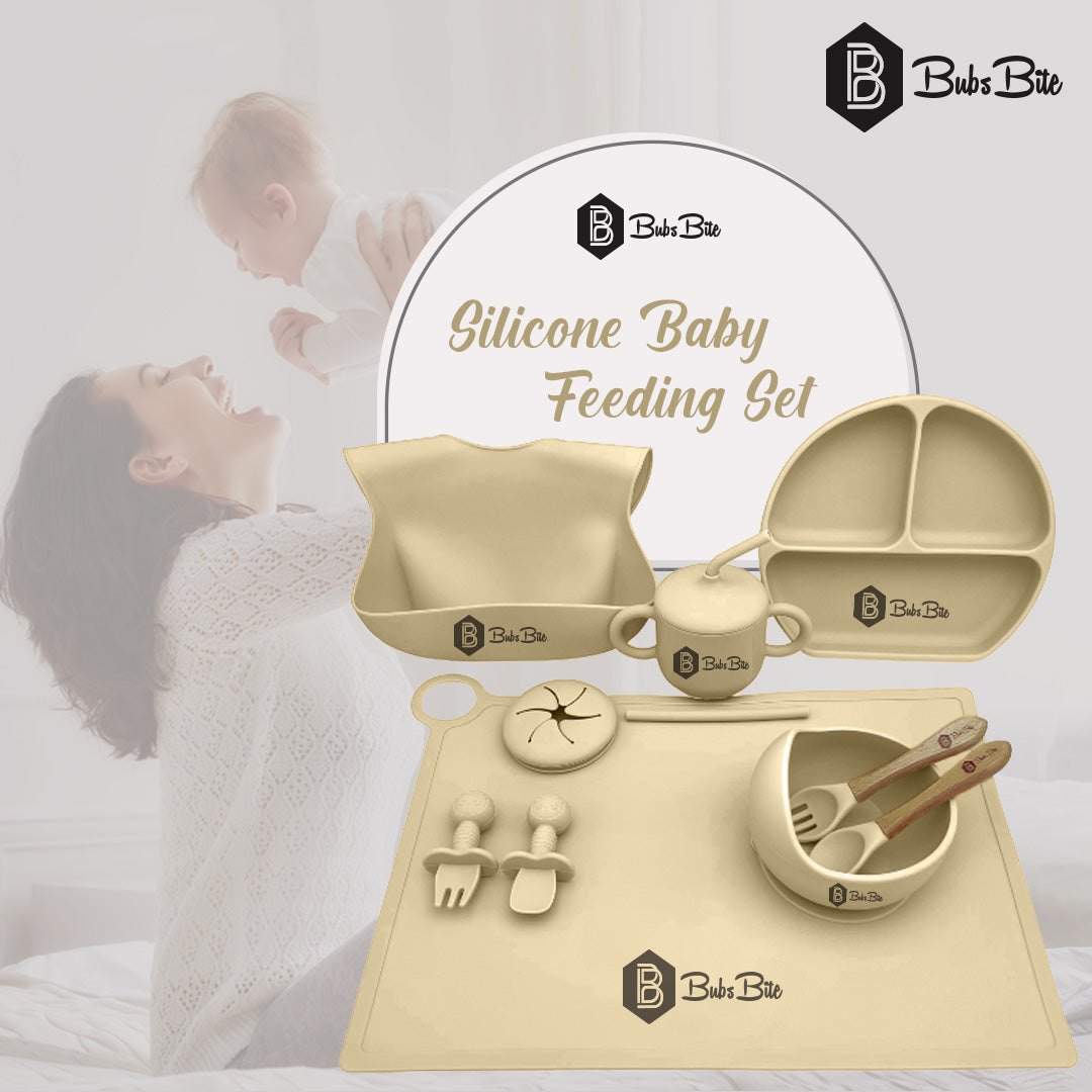 BubsBite Australia | 13 Pcs Starting Solids Silicone Baby Feeding Set | All In One Baby Feeding Essentials Kit - Beige
