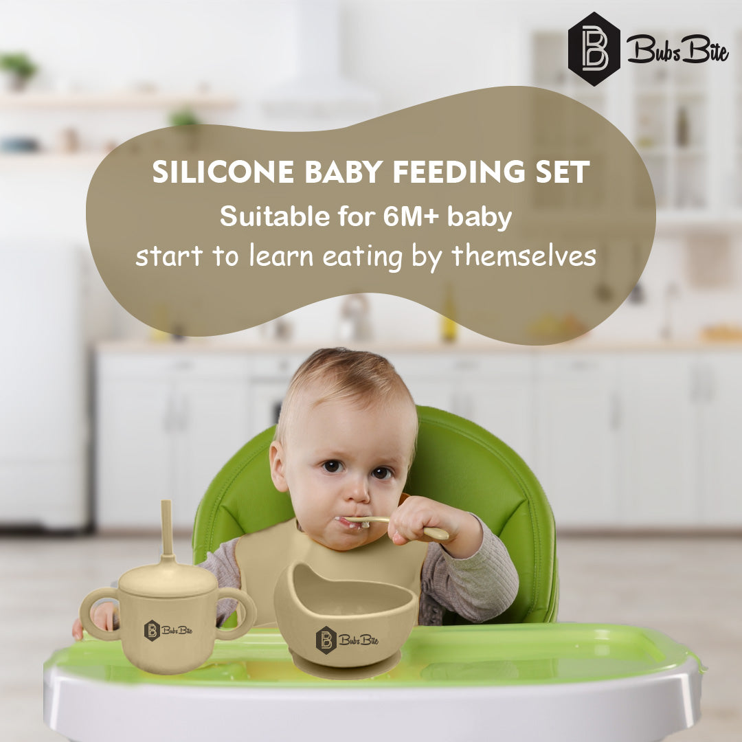 BubsBite Australia | 13 Pcs Starting Solids Silicone Baby Feeding Set | All In One Baby Feeding Essentials Kit - Beige