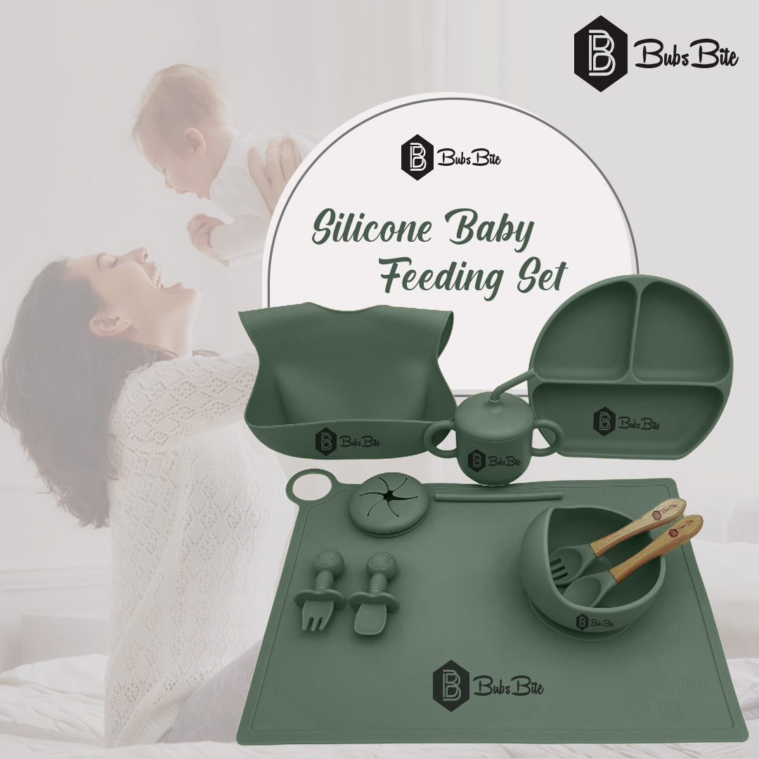 BubsBite Australia | 13 Pcs Starting Solids Silicone Baby Feeding Set | All In One Baby Feeding Essentials Kit - Sage Green