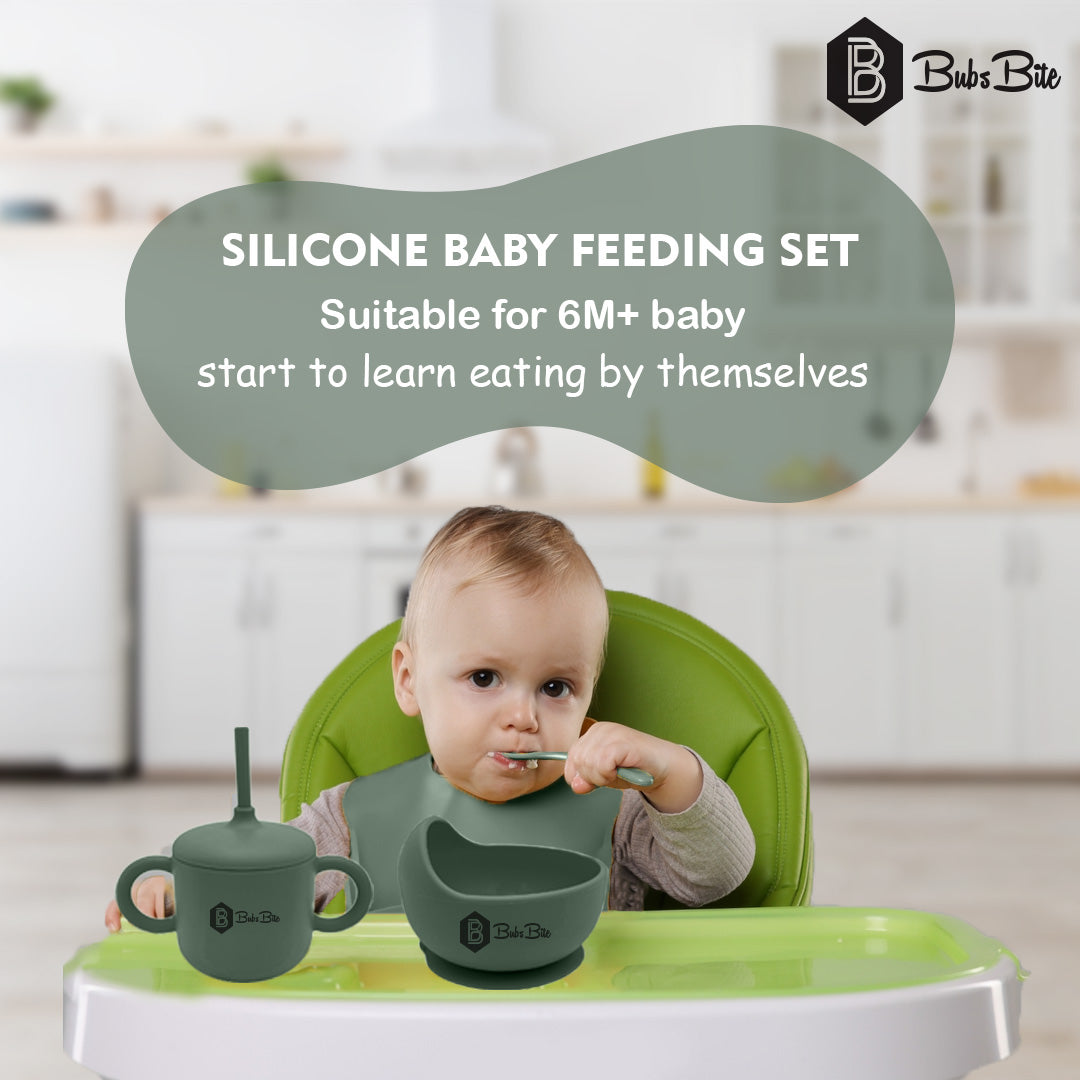 BubsBite Australia | 13 Pcs Starting Solids Silicone Baby Feeding Set | All In One Baby Feeding Essentials Kit - Sage Green