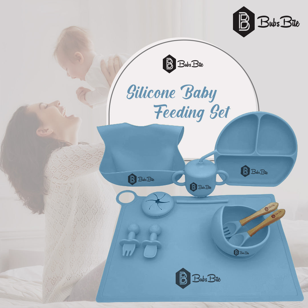 BubsBite Australia | 13 Pcs Starting Solids Silicone Baby Feeding Set | All In One Baby Feeding Essentials Kit - Blue