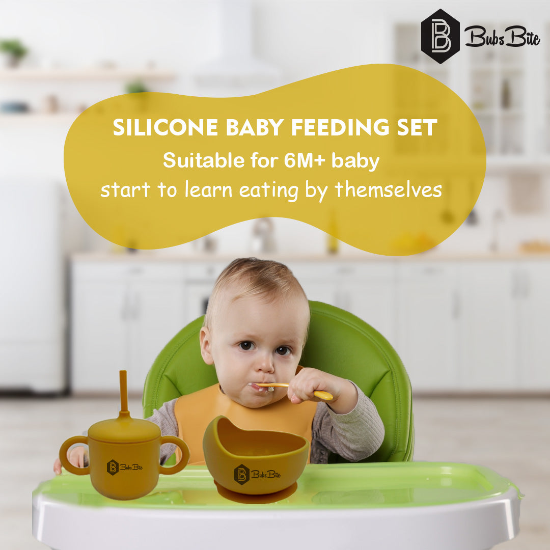 BubsBite Australia | 13 Pcs Starting Solids Silicone Baby Feeding Set | All In One Baby Feeding Essentials Kit - Mustard