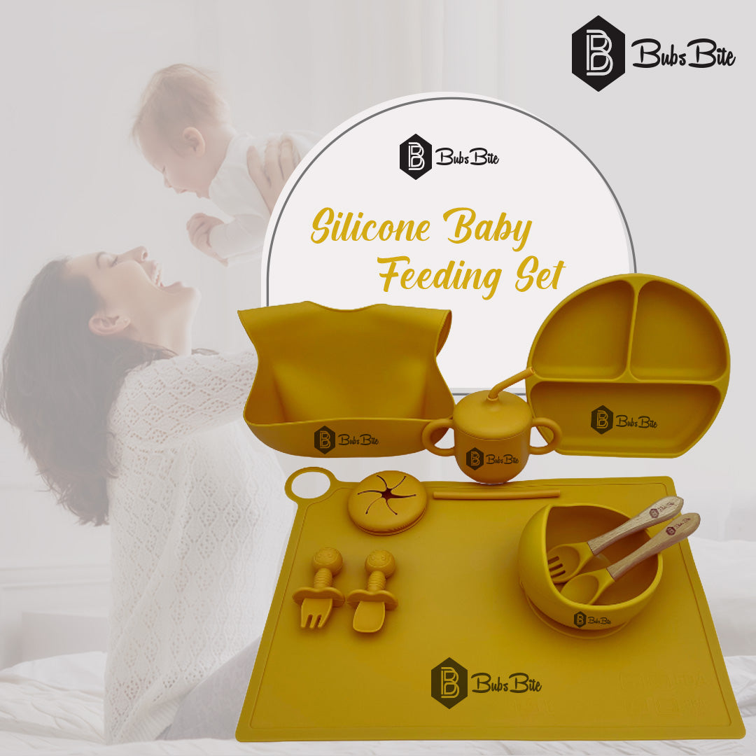 BubsBite Australia | 13 Pcs Starting Solids Silicone Baby Feeding Set | All In One Baby Feeding Essentials Kit - Mustard